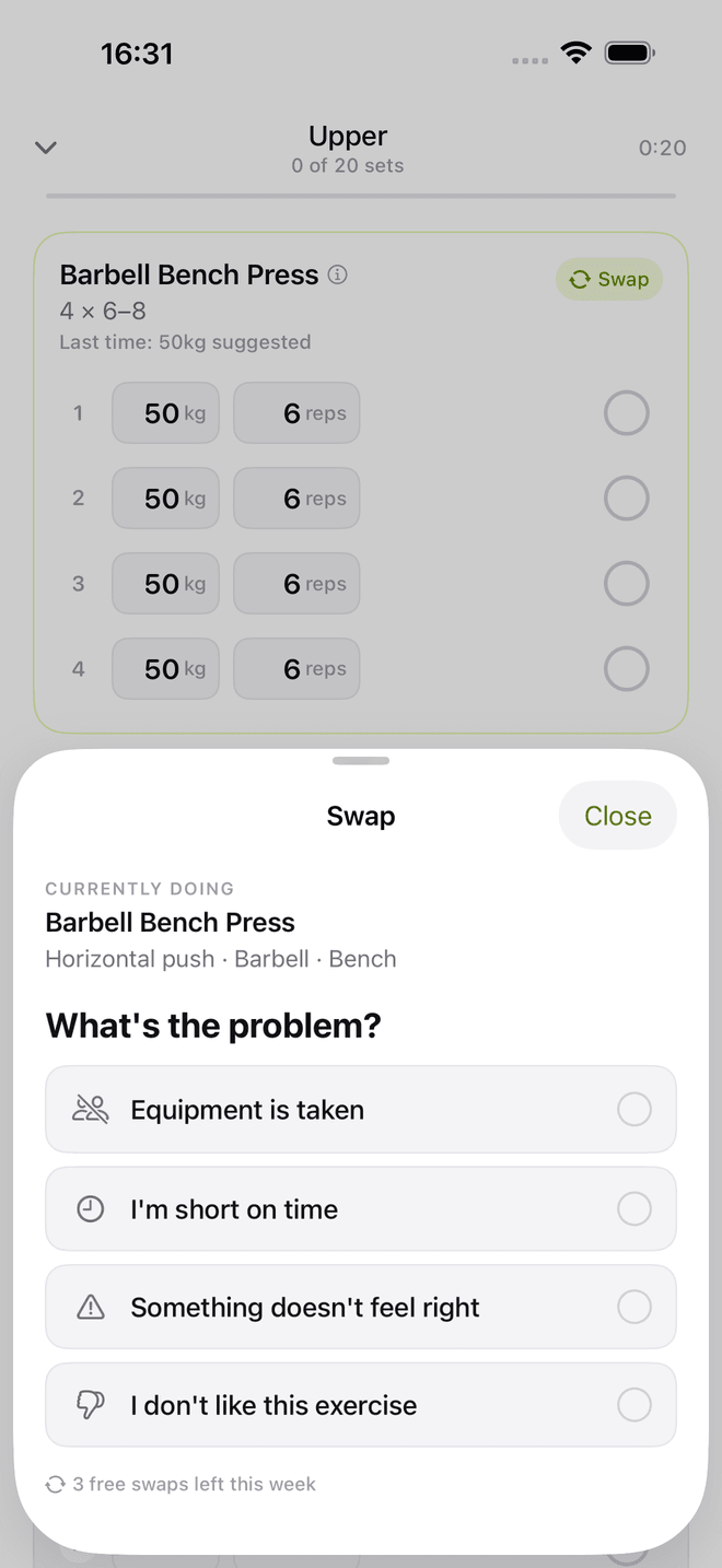 The Swap sheet asking "What’s the problem?" with four choices: equipment is taken, I’m short on time, something doesn’t feel right, and I don’t like this exercise. A line below notes three free swaps left this week.